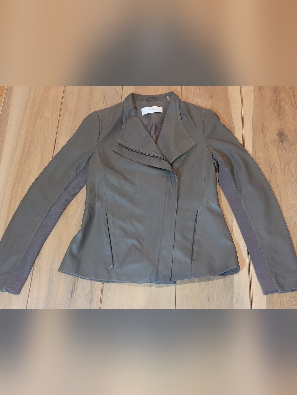 T Tahari Leather Moto Jacket Gray Taupe Size S